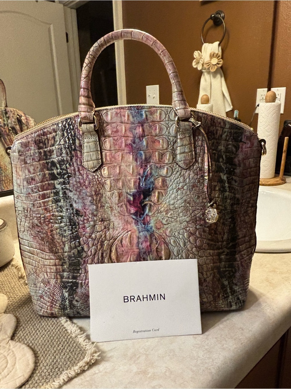 Brahmin Multicolor Croc-Embossed Leather Tote with Gold Charm